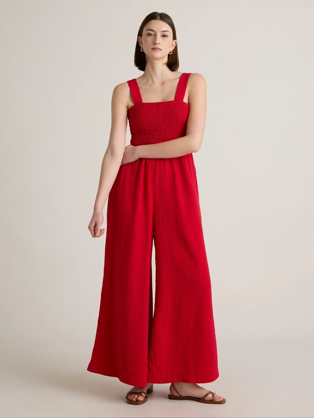 Quince Organic Cotton Gauze Smocked Wide Leg Jumpsuit Wild Cherry NWT Large
